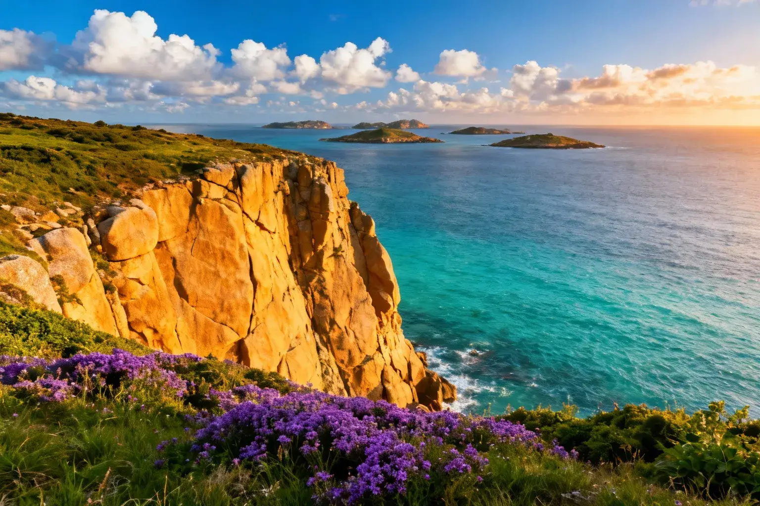 Majestueuses falaises de granit doré éclairées par le soleil couchant, avec océan turquoise et îles Chausey à l’horizon
