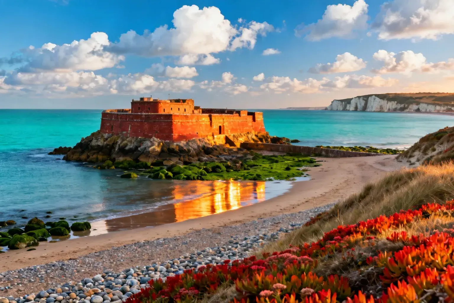 Fort Vauban en briques rouges sur un promontoire rocheux entouré d'eau turquoise à marée basse, ciel bleu avec nuages blancs