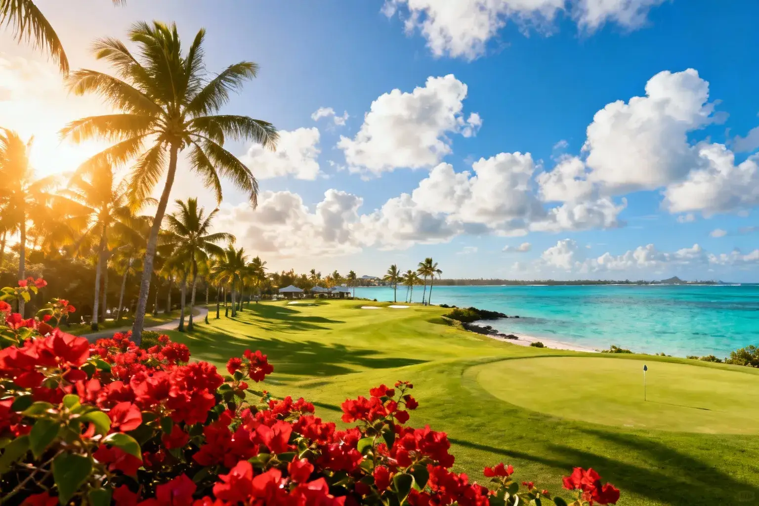 Parcours de golf luxueux sur l'île aux Cerfs avec fairways vert émeraude entourés d'eaux turquoise et palmiers