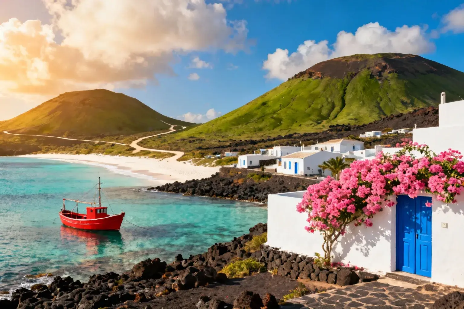 Côte sauvage de Graciosa avec plage de sable blanc, collines volcaniques et bateau de pêche traditionnel dans une baie turquoise