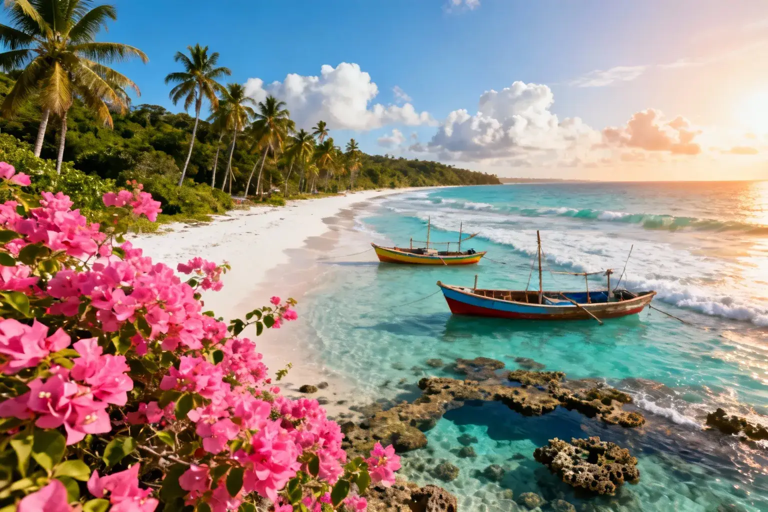 Plage paradisiaque de Boipeba avec eau cristalline, palmiers et barques de pêche colorées devant la forêt luxuriante