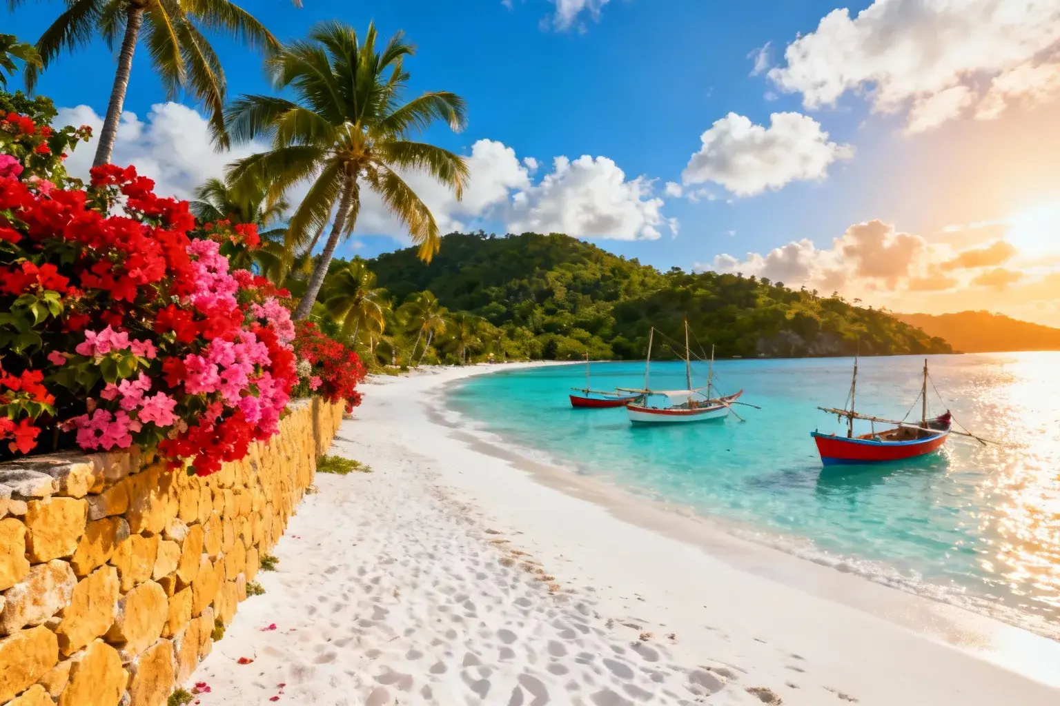 Paysage paradisiaque d'une île des Caraïbes avec plage de sable blanc, eau turquoise et bougainvilliers roses