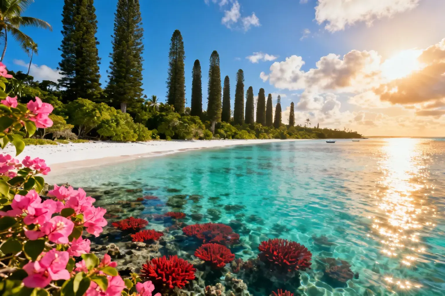Plage de sable blanc et lagon turquoise de l'île des Pins, entourée de pins colonnaires et de jungle verte, vue aérienne