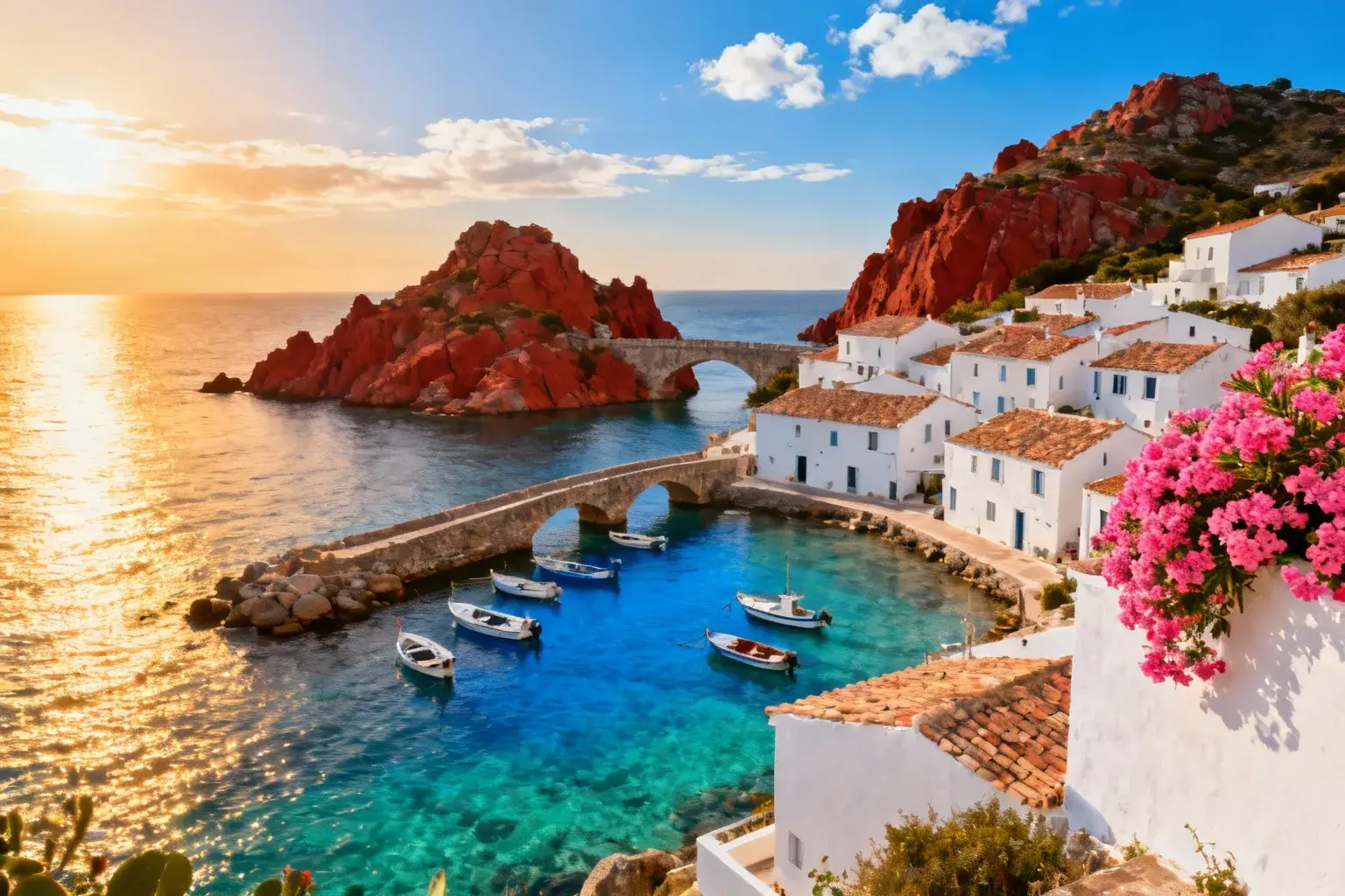 Panorama de l'Île-Rousse en Corse avec ses îlots rouges, mer turquoise et bâtiments traditionnels au couchant