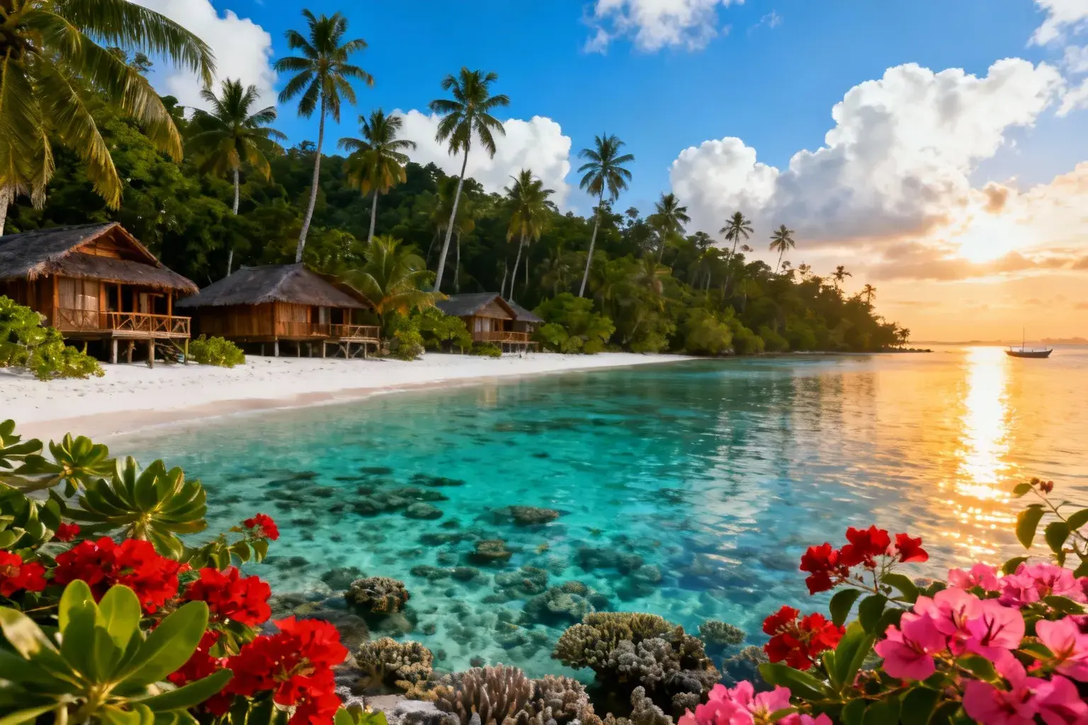 Île tropicale entourée d'un récif corallien avec eau turquoise, plage de sable blanc et forêt dense de palmiers