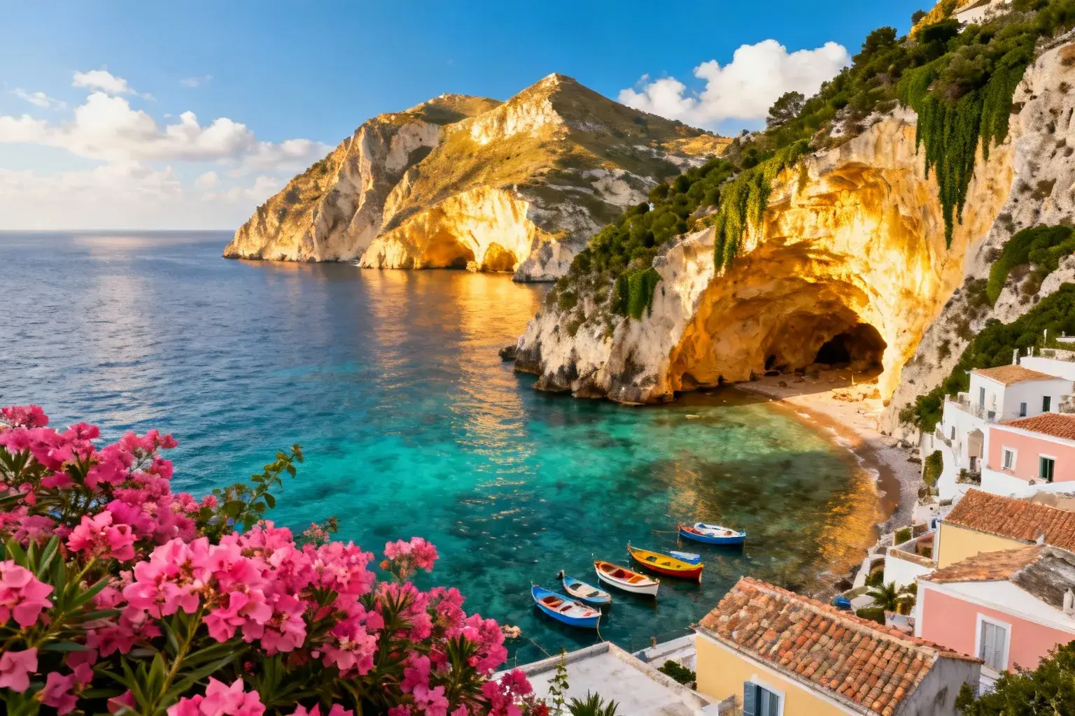Vue aérienne de l'île de Ponza avec falaises volcaniques, eau turquoise et maisons pastel