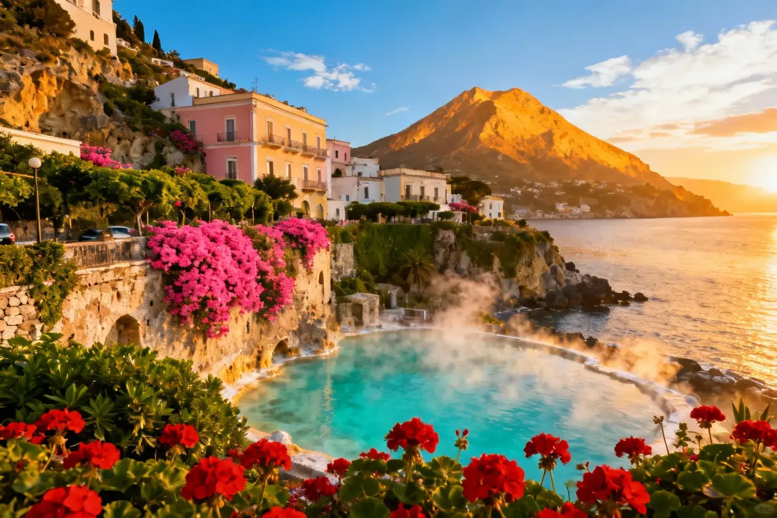 Piscine thermale turquoise à Ischia avec eaux fumantes sous la lumière dorée du coucher de soleil, montagne et végétation en arrière-plan