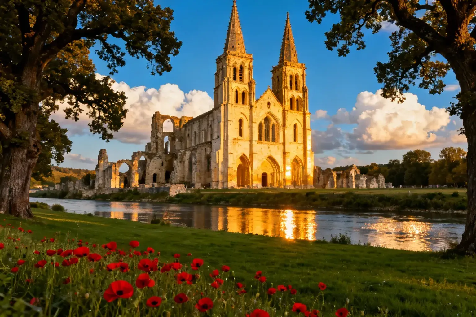 Ruines gothiques de l'abbaye de Jumièges avec ses deux tours jumelles reflétées dans la Seine au coucher de soleil