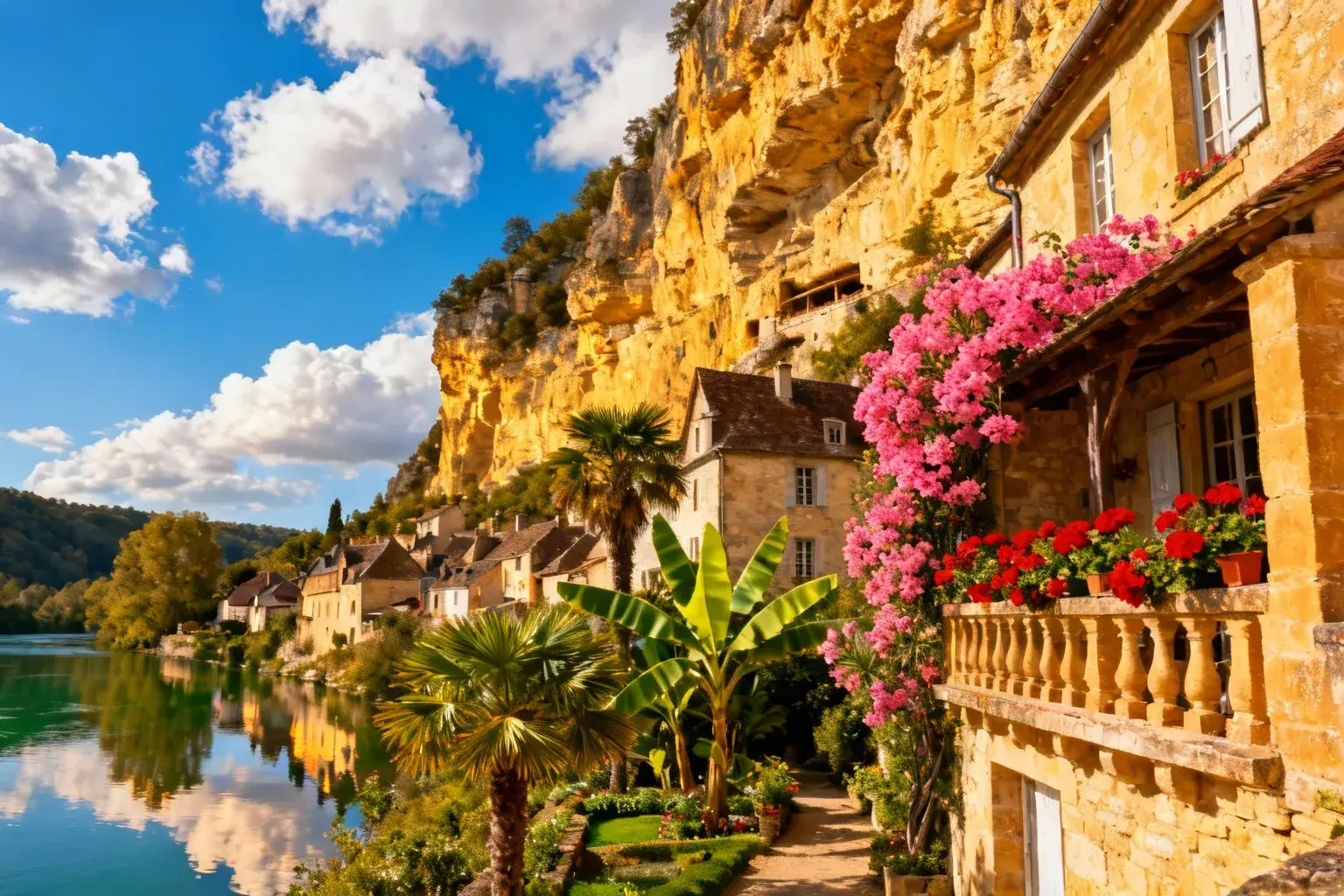 Village pittoresque de La Roque-Gageac avec maisons en pierre, jardin exotique et falaise calcaire sous ciel bleu