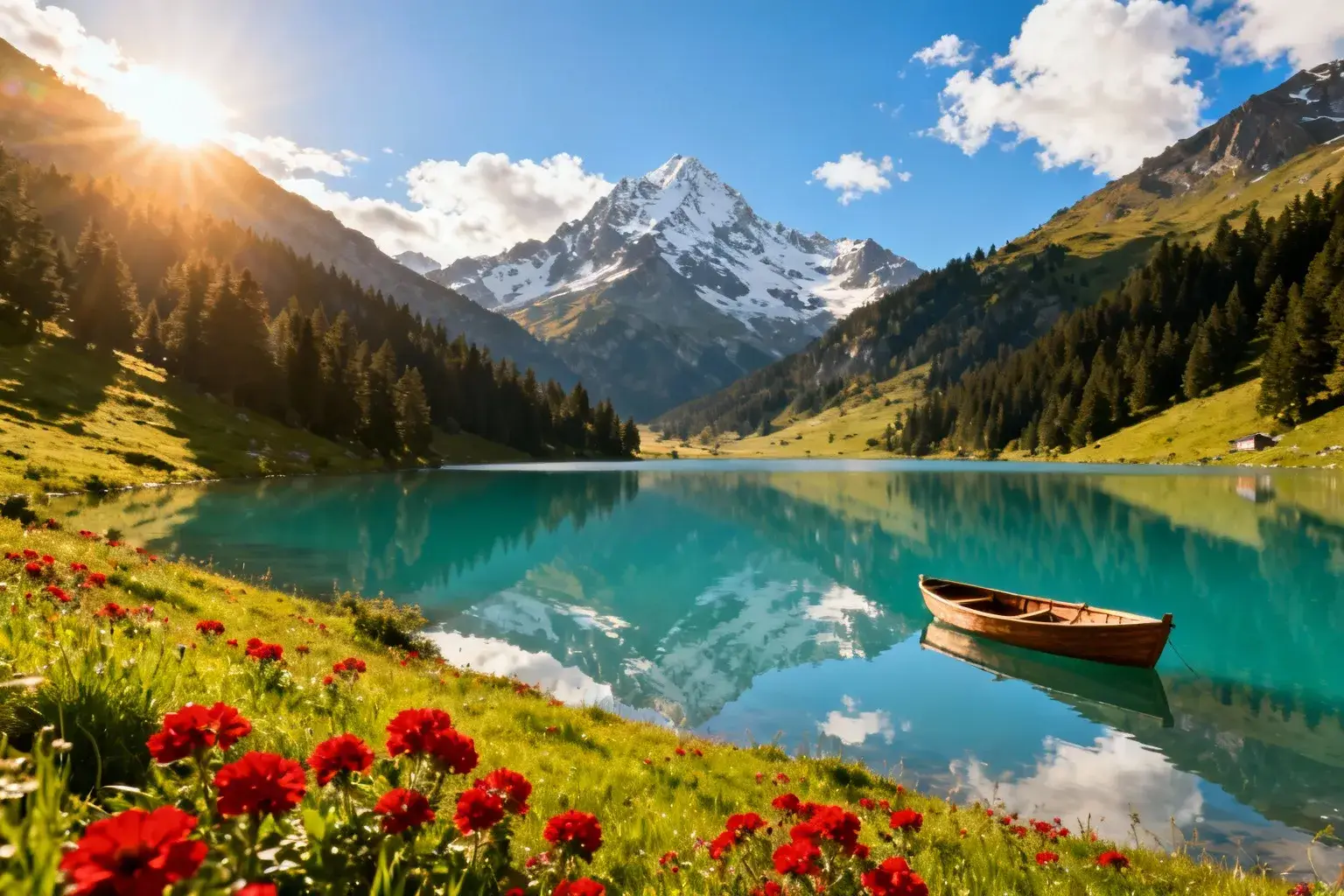 Lac Allos aux eaux turquoises avec reflets parfaits des montagnes enneigées, entouré de forêts et prairies alpines