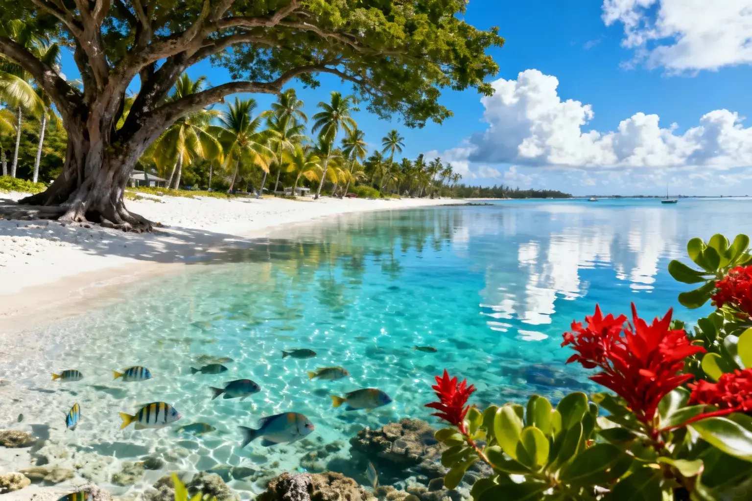 Lagon cristallin de Pereybere à Maurice avec poissons colorés, sable blanc et palmiers sous un ciel bleu
