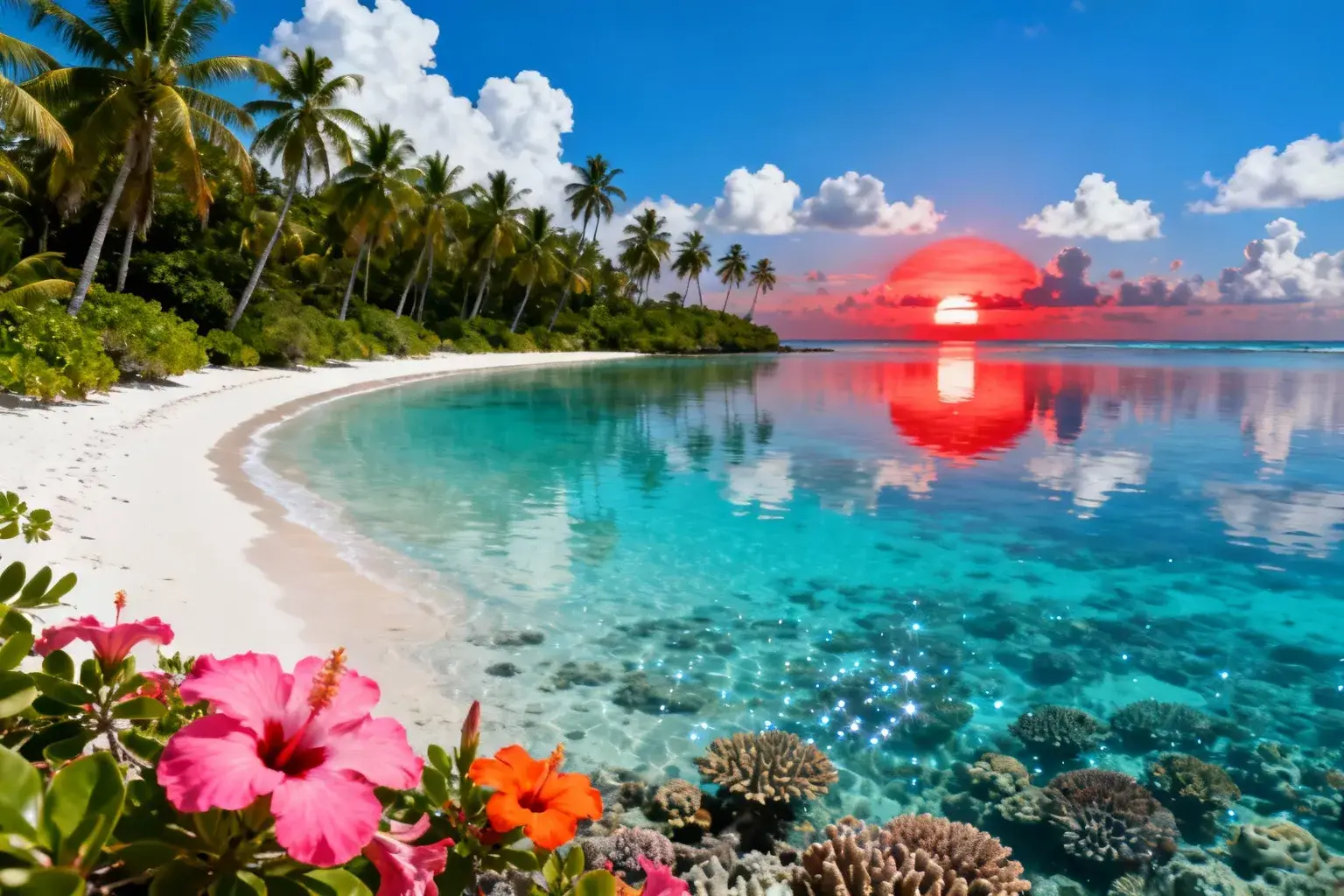 Lagune turquoise cristalline de l'atoll des Chagos avec plage de sable blanc, cocotiers et coucher de soleil