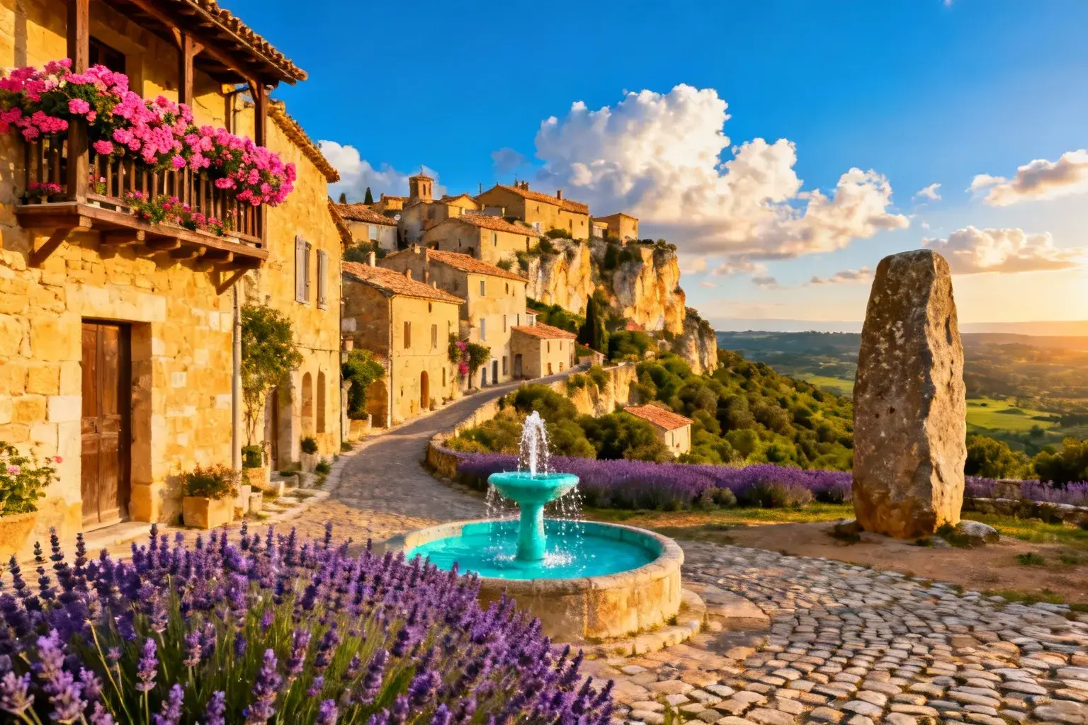 Village médiéval de Lussan baigné de lumière dorée, avec maisons en pierre, fleurs sur les balconies et un grand menhir se dressant devant un ciel bleu