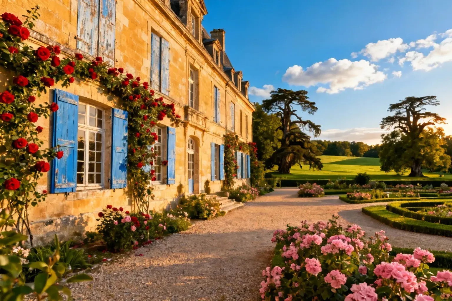 Manoir du 18ème siècle en pierre avec jardins fleuris et roses rouges sous la lumière dorée du soleil