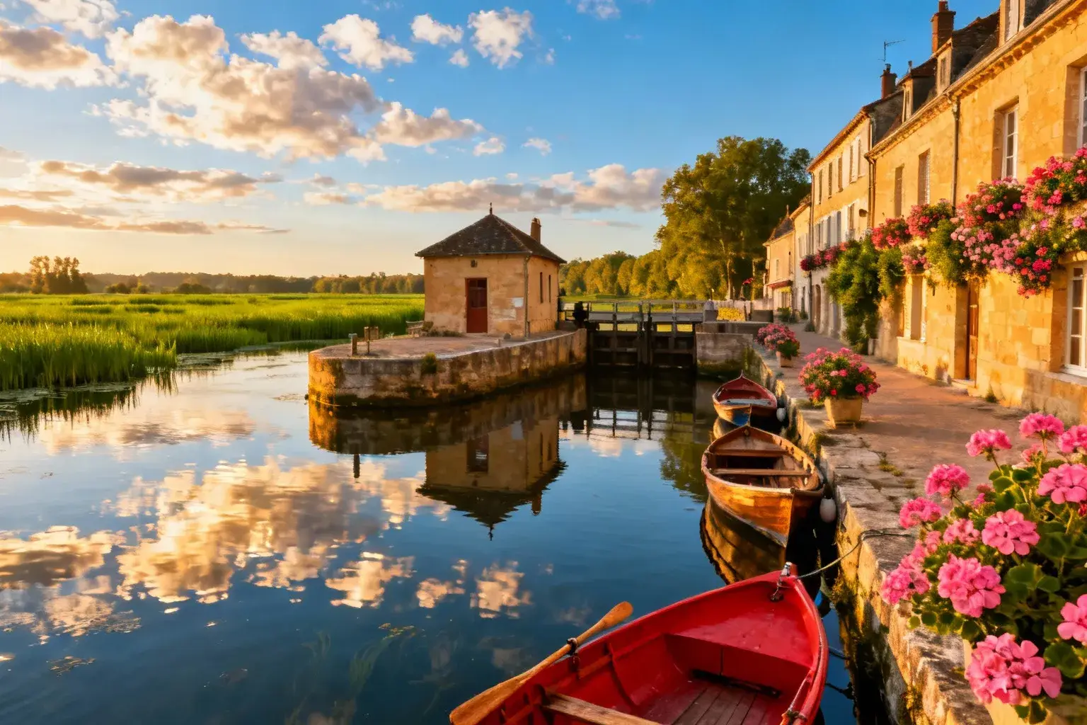 Scène pittoresque de Marans avec la rivière Sèvre Niortaise, bateaux en bois amarrés et reflets dans l'eau