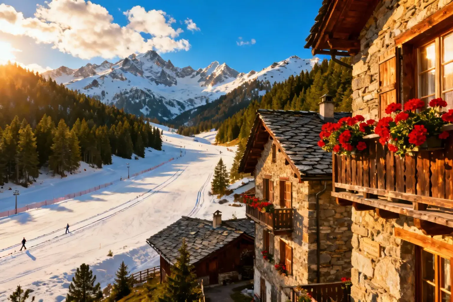 Village montagnard de Meaudre en hiver avec maisons en pierre, toits d'ardoise et pistes de ski nordique à perte de vue