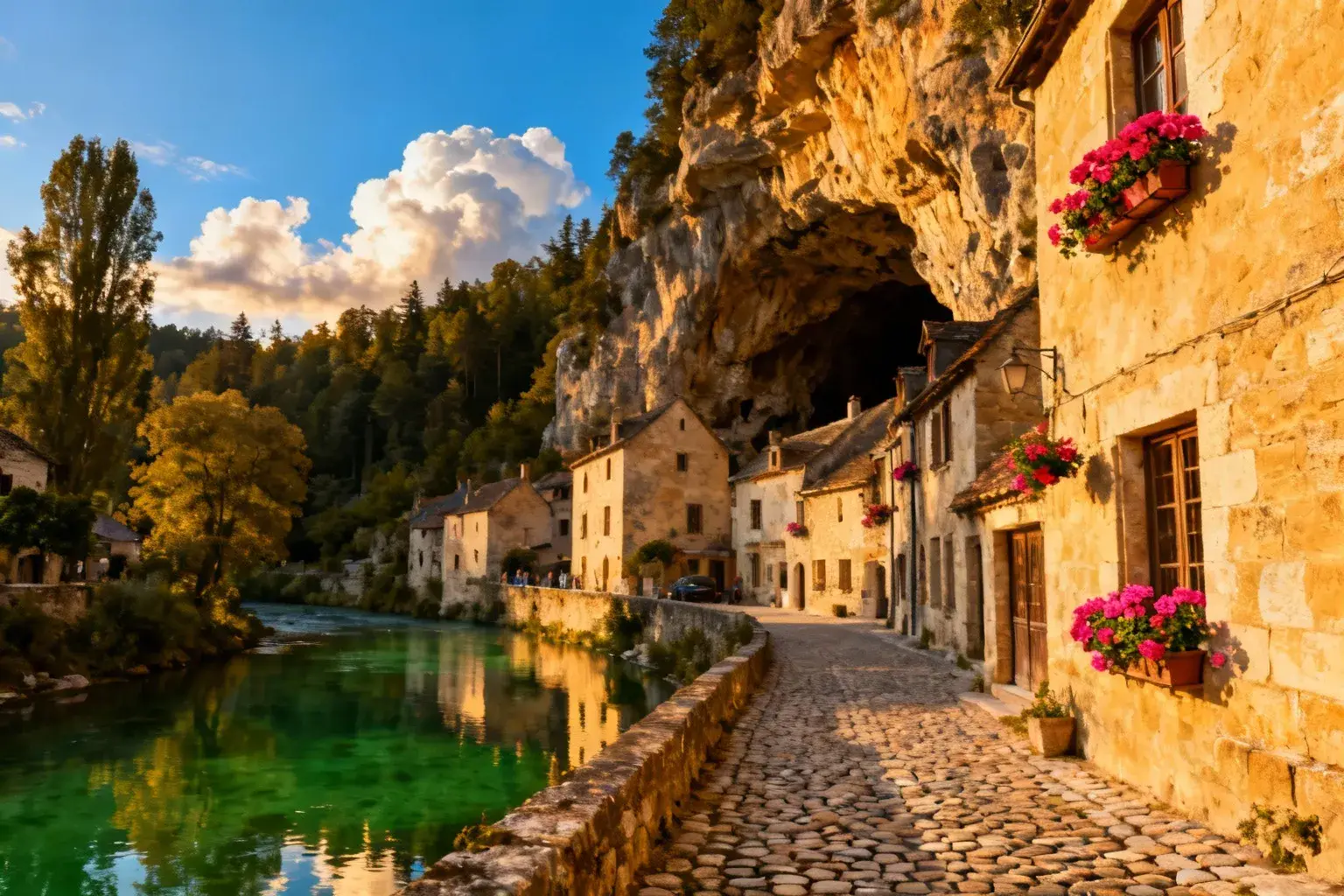 Village médiéval français avec maisons en pierre dorée, rivière émeraude, fleurs aux fenêtres et entrée de grotte majestueuse