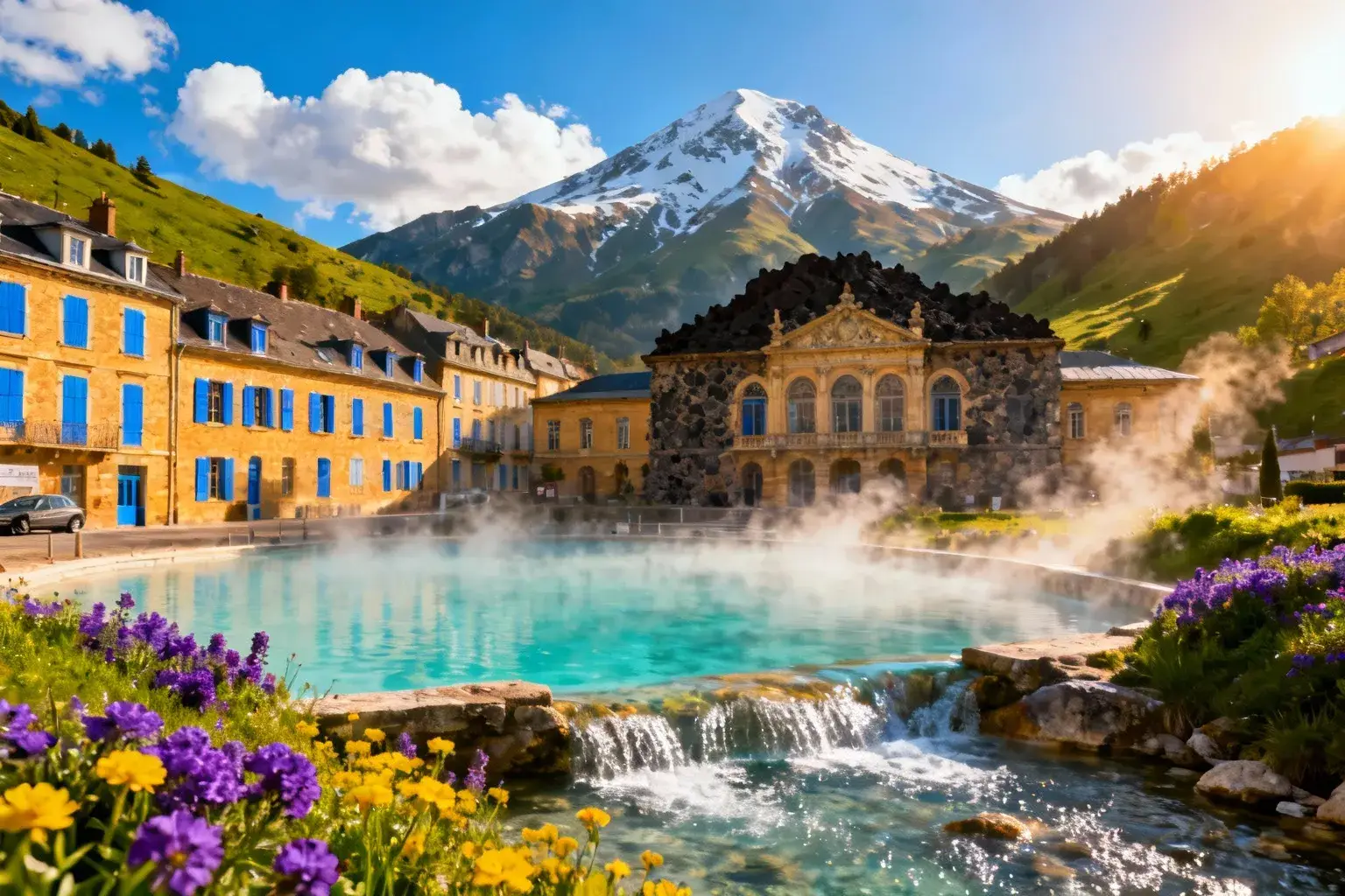 Village du Mont-Dore en Auvergne avec bâtiments en pierre dorée, piscines thermales turquoise et montagnes enneigées en arrière-plan