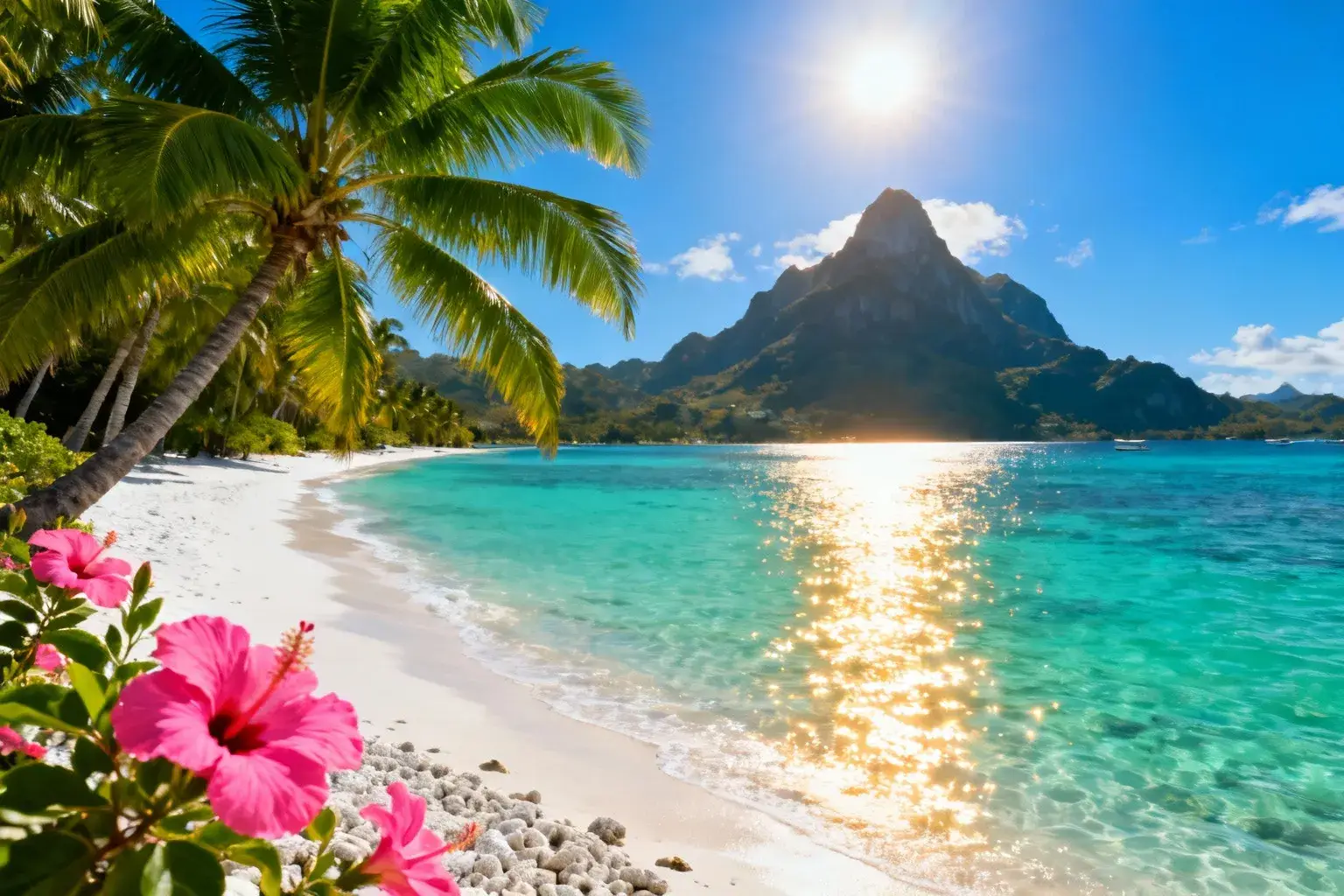 Lagon de Moorea aux eaux cristallines turquoise avec sable blanc de corail broyé, palmiers et fleurs d'hibiscus