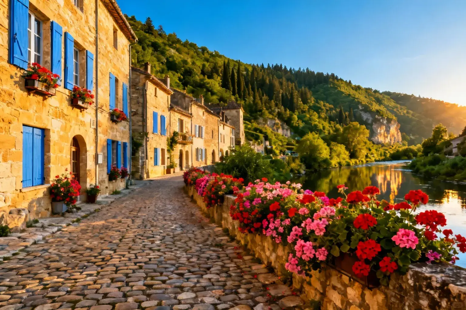 Village médiéval de Nontron avec ses bâtiments en pierre dorée, volets bleus et fleurs colorées le long des ruelles pavées