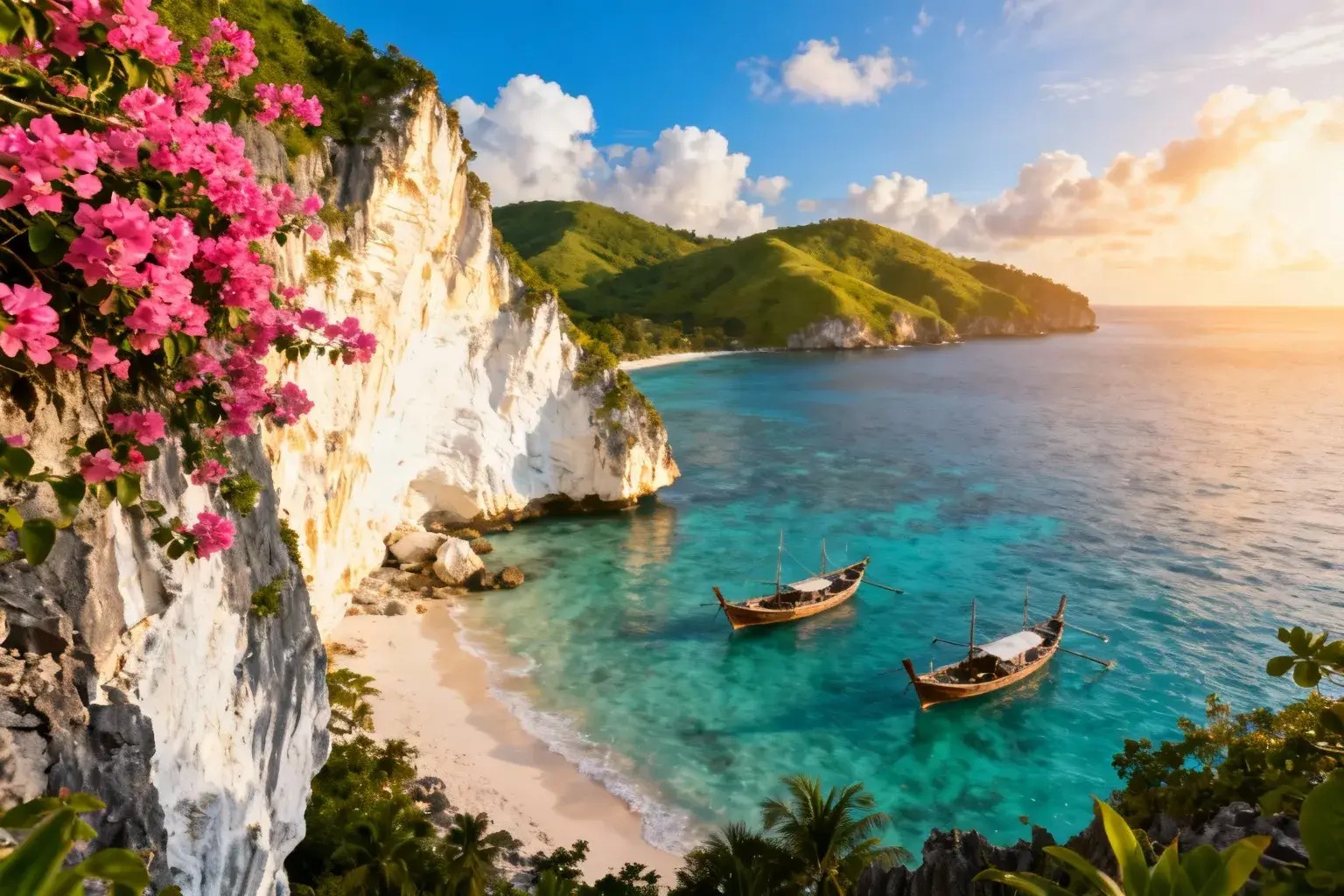 Vue aérienne de Nusa Penida avec falaises calcaires, eau turquoise et végétation luxuriante sous un ciel bleu