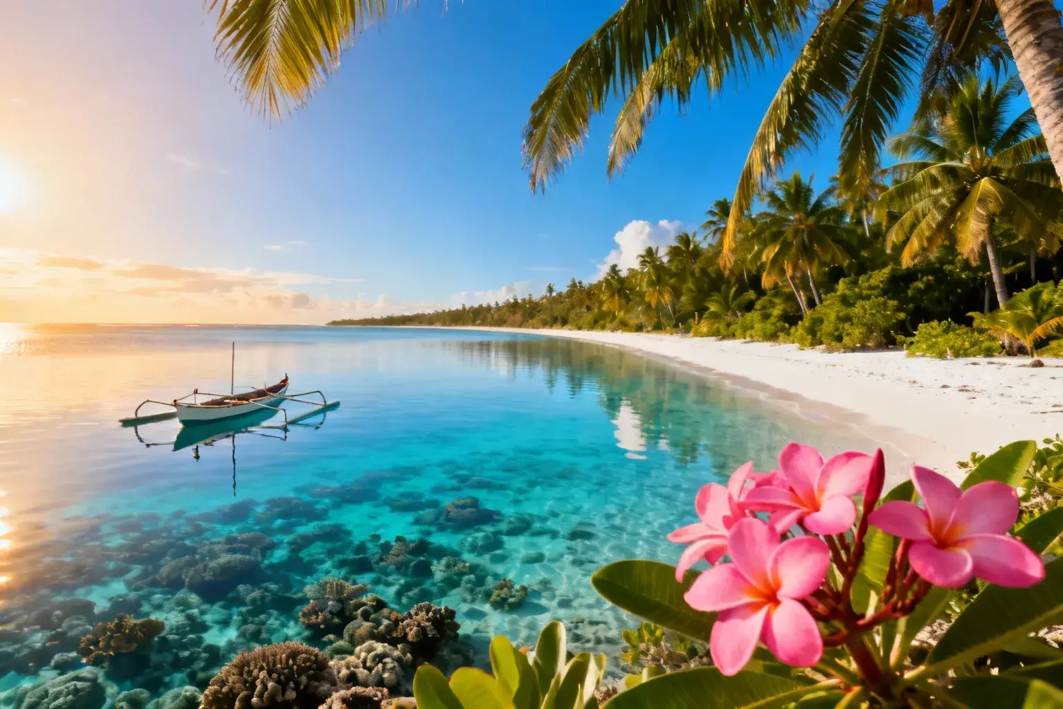 Plage de sable blanc de l'atoll d'Ouvea avec lagon turquoise, cocotiers et pirogue traditionnelle sous le soleil couchant