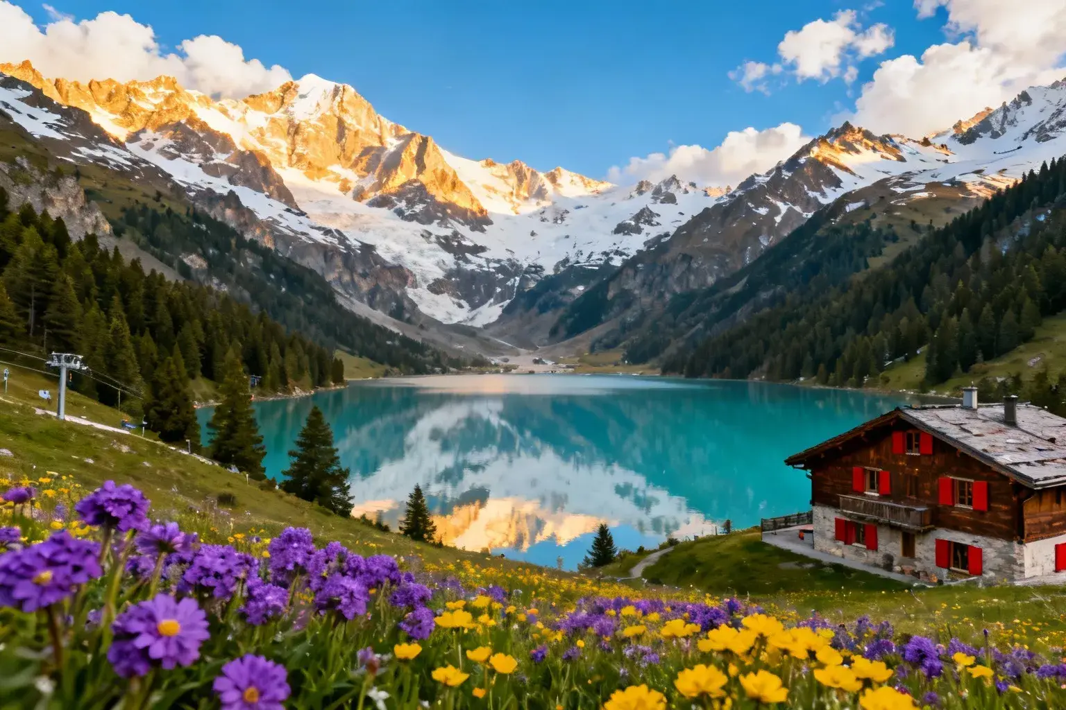 Montagnes enneigées des Alpes reflétées dans un lac turquoise au parc national de la Vanoise, avec forêts de pins et chalets traditionnels