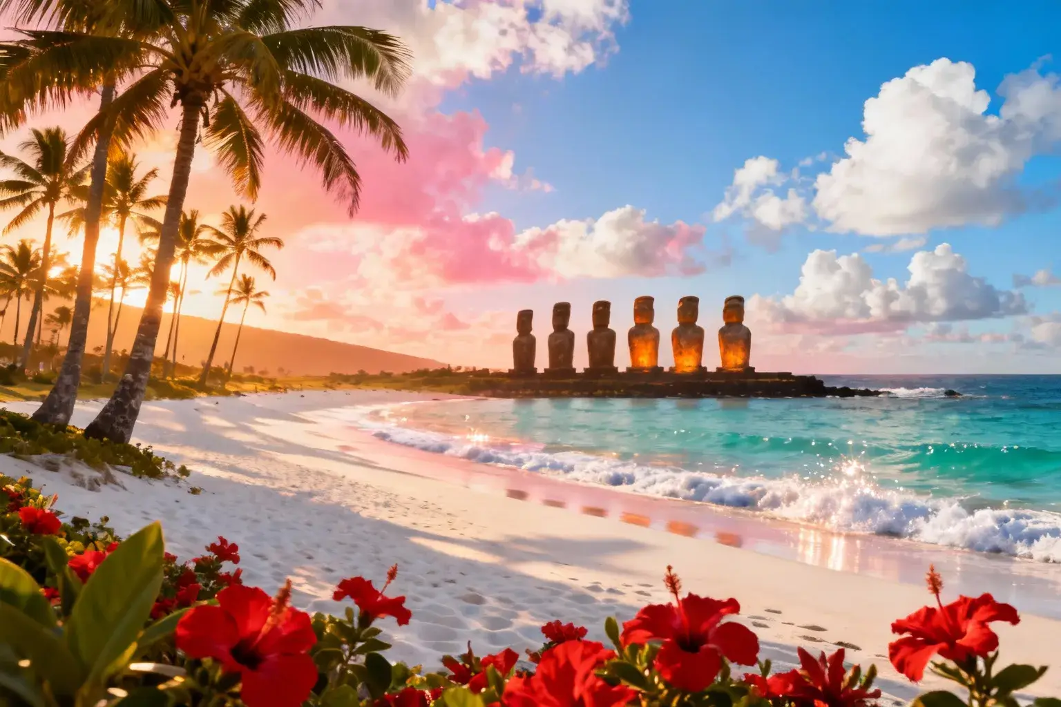 Plage de sable blanc d'Anakena avec sept statues Moai sous la lumière dorée du coucher de soleil, eaux turquoises et palmiers