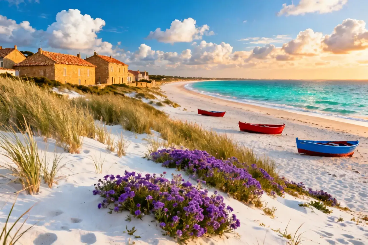 Longue plage de sable blanc bordée de dunes et de fleurs sauvages violettes avec eau turquoise et ciel bleu