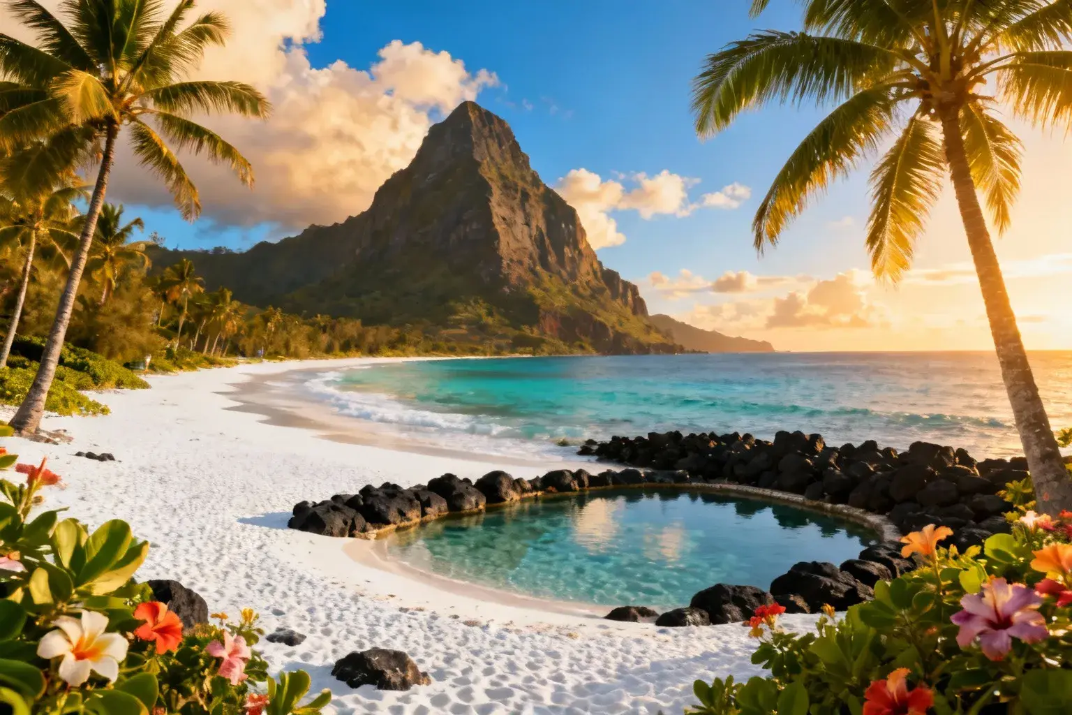 Plage paradisiaque de Grande Anse à La Réunion avec sable blanc, bassin naturel turquoise et piton volcanique en arrière-plan