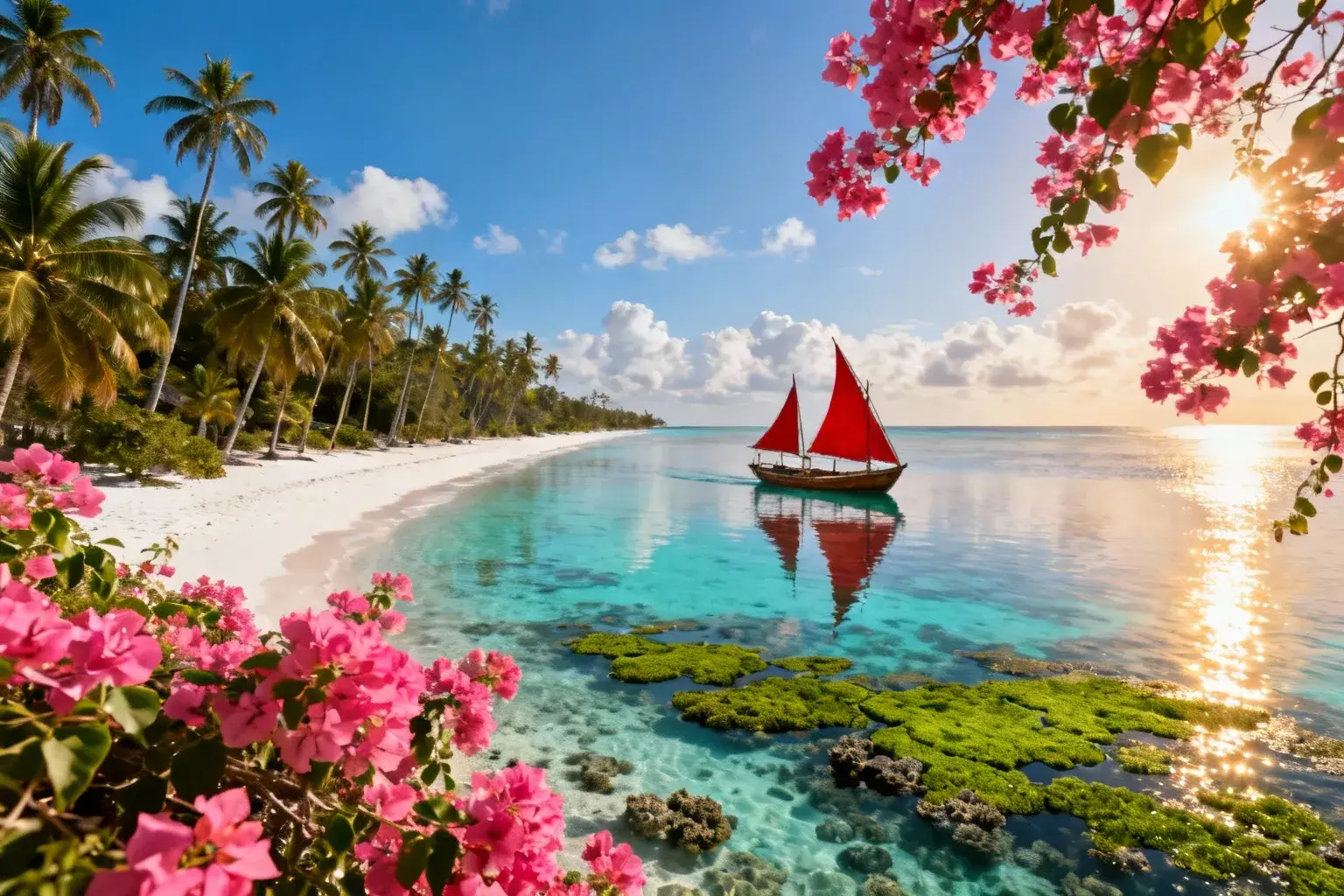 Plage paradisiaque de Matamwe à Zanzibar avec eau turquoise, bateaux dhow à voiles rouges et palmiers sous ciel bleu