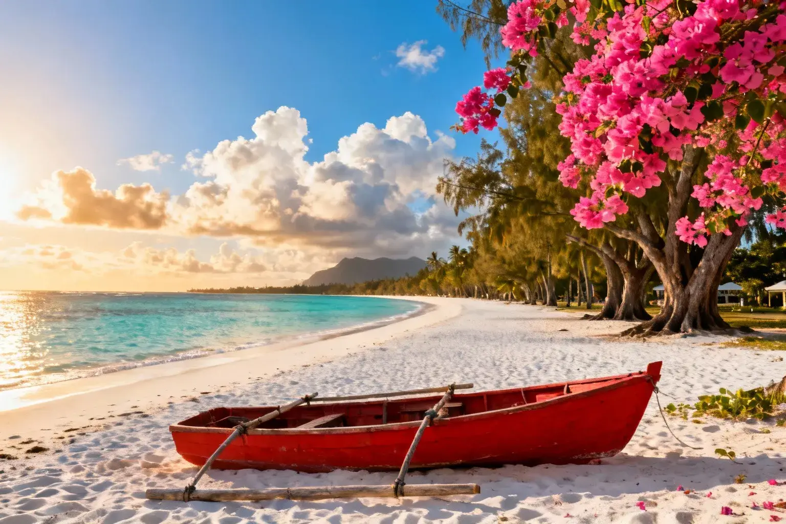 Plage de sable blanc bordée de filaos avec lagon turquoise et barque en bois à Mont Choisy