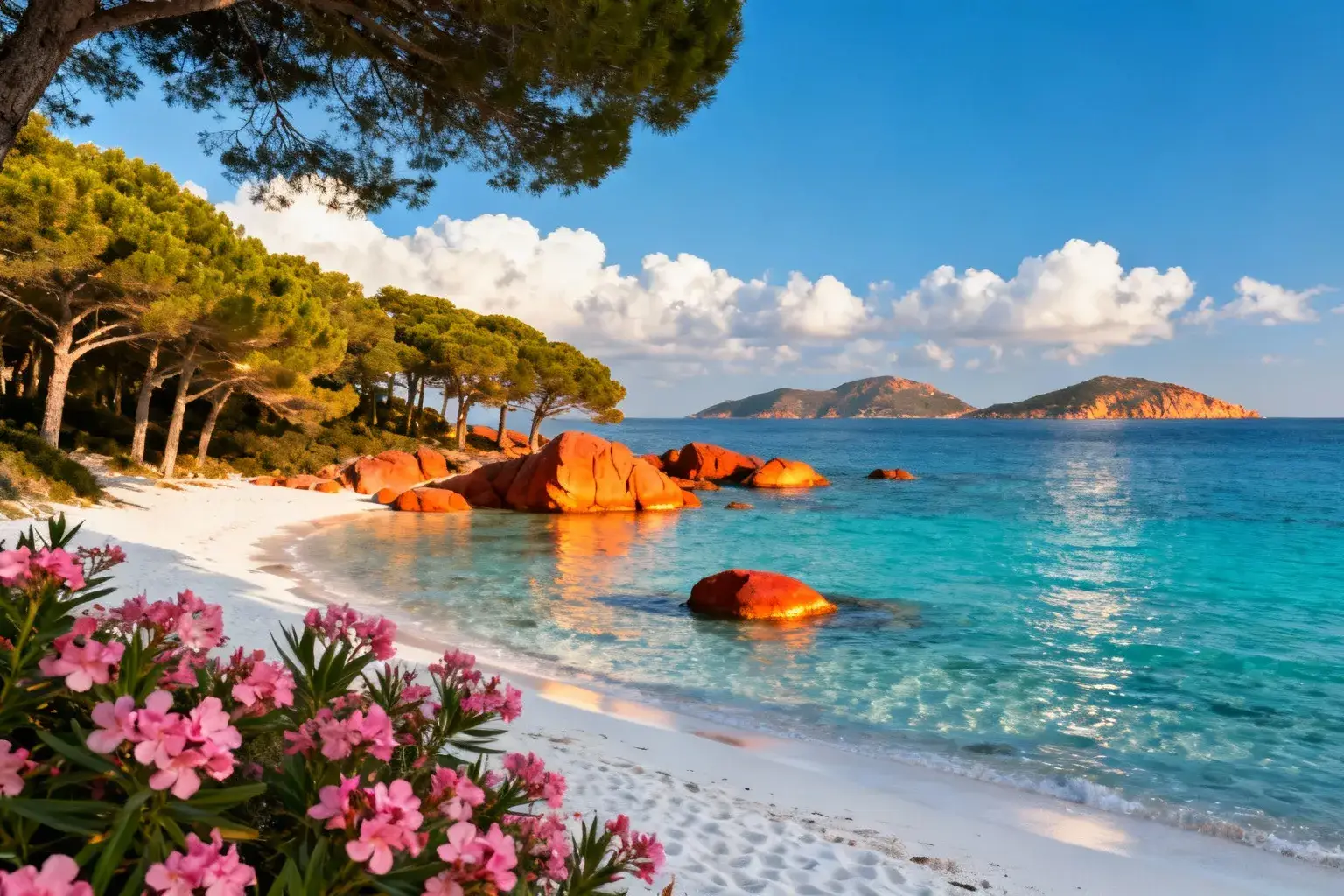 Plage paradisiaque de Palombaggia en Corse avec sable blanc, rochers rouges et eaux turquoises sous un ciel bleu