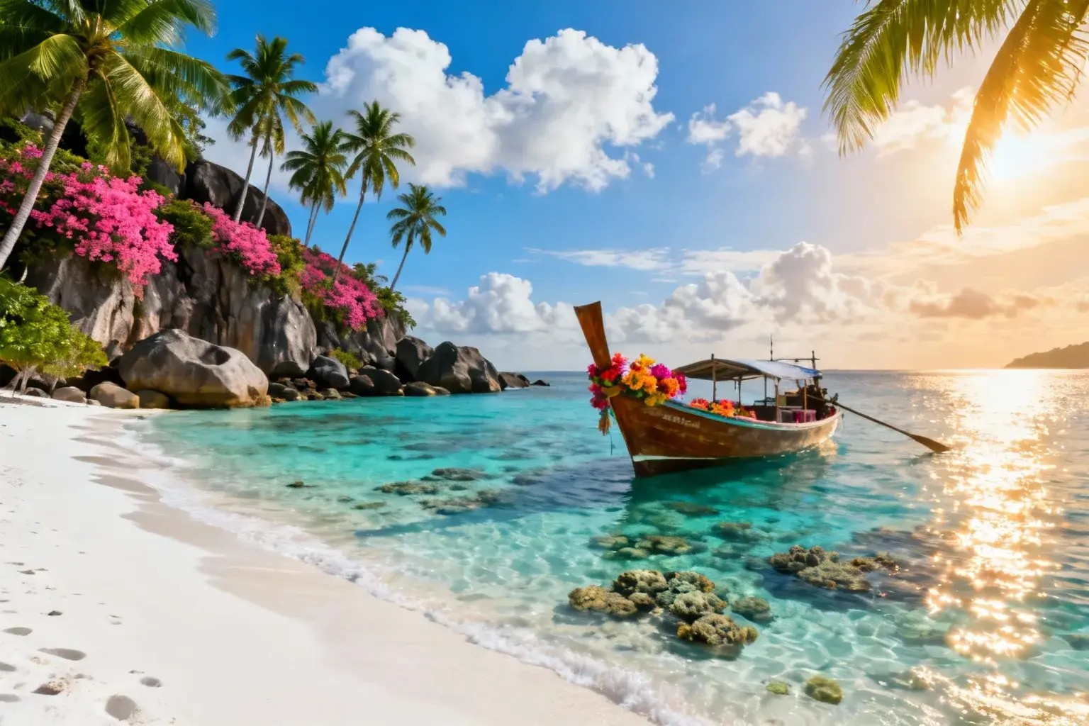 Plage de sable blanc à Koh Tao avec eau cristalline, palmiers et bateaux traditionnels sous un ciel bleu