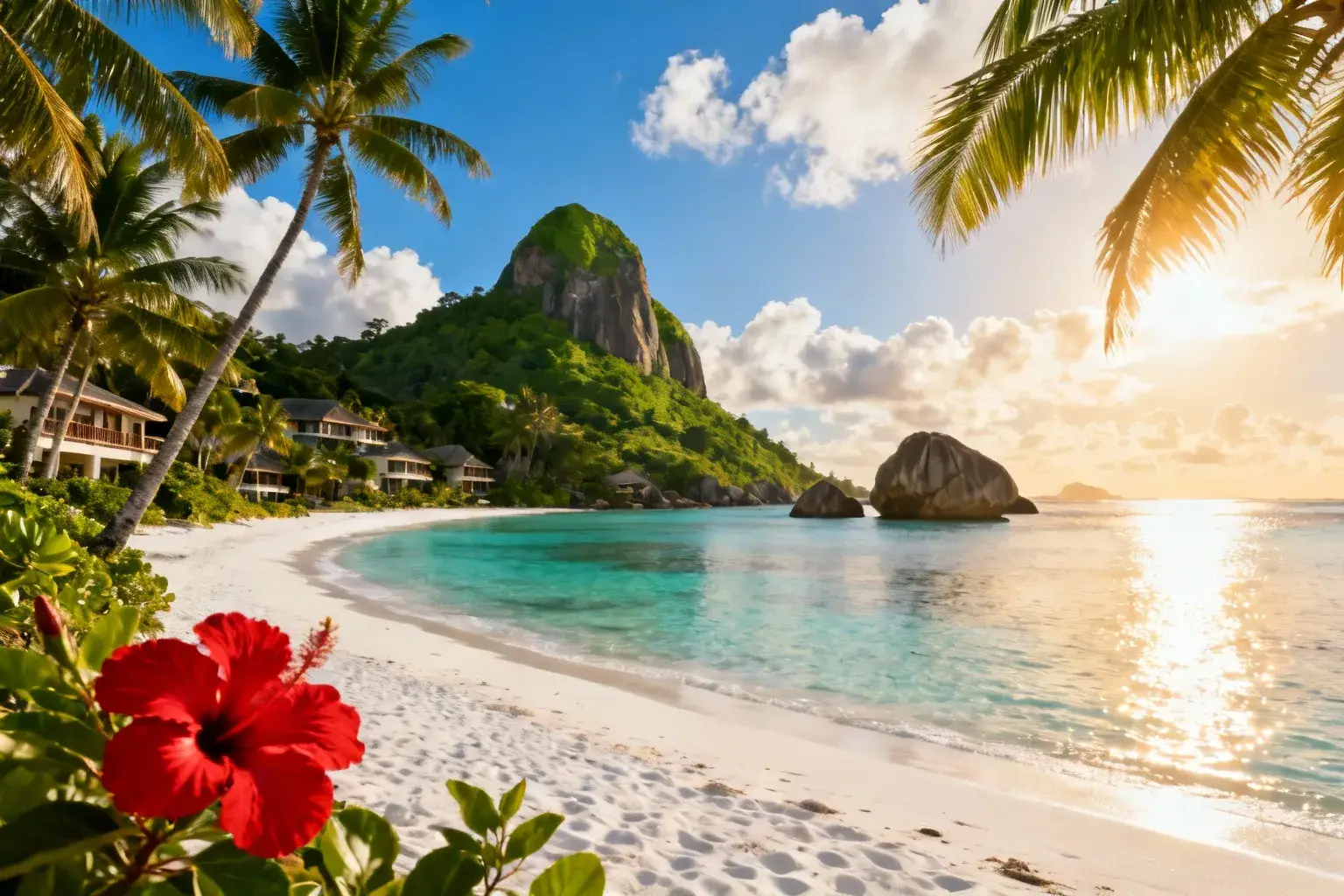 Plage de sable blanc des Seychelles entourée d’un lagon turquoise, rochers émeraude et palmiers sous ciel bleu