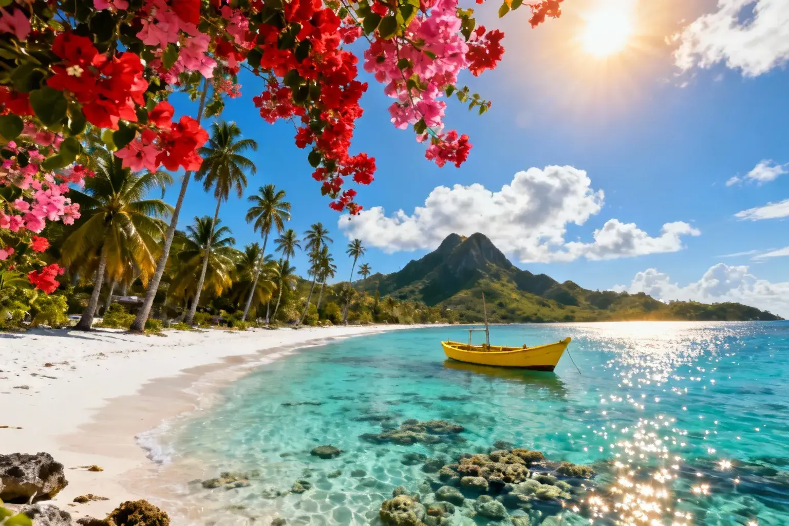 Plage paradisiaque de Providencia en Colombie avec eau turquoise, récif corallien et petit bateau de pêche jaune