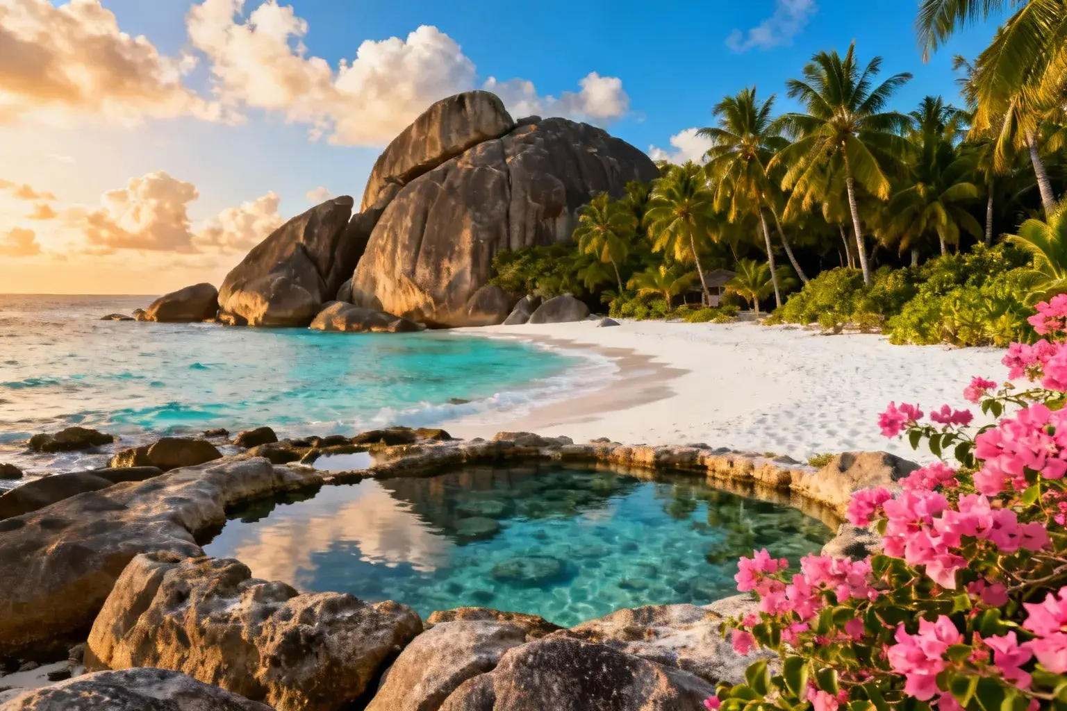 Plage paradisiaque des Seychelles avec eau cristalline, sable blanc et rochers granitiques vieux de 66 millions d'années