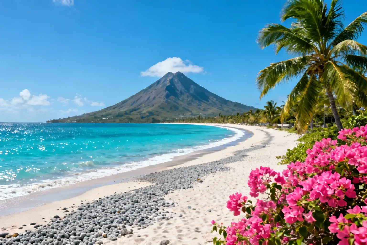 Plage de sable corallien doré-gris avec eaux turquoise et vue sur le volcan Nevis Peak en arrière-plan