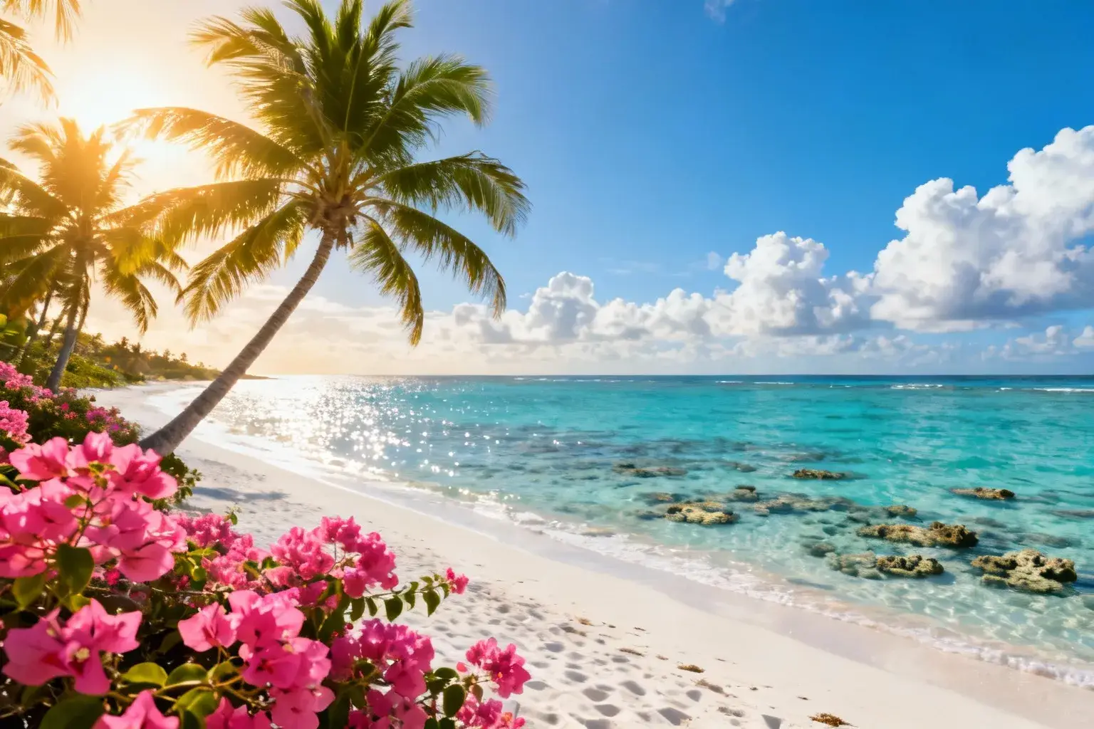 Plage de sable blanc et eau turquoise révélant un récif corallien coloré à Yucatán, avec palmiers et bougainvilliers
