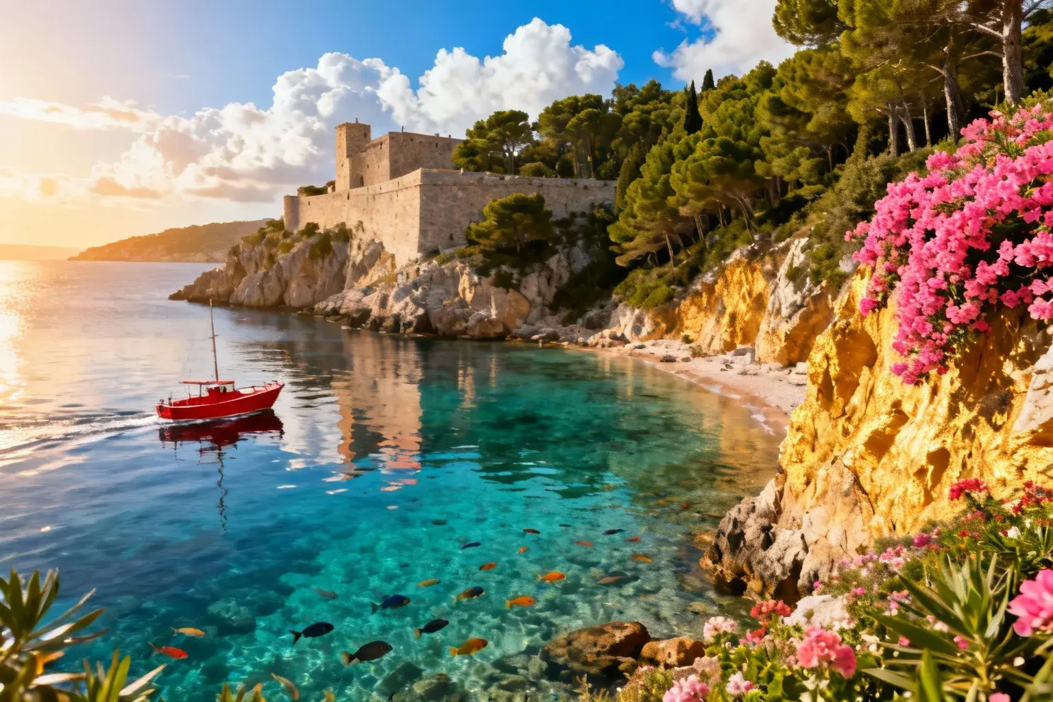 Paysage marin du parc national de Port-Cros avec eau turquoise transparente, bateau rouge et forêt de pins vert émeraude