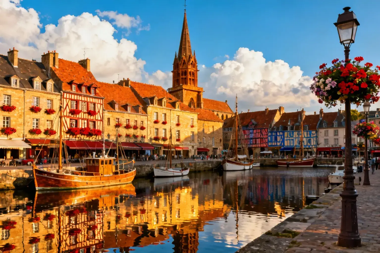 Vieux Bassin de Honfleur avec ses maisons en bois colorées, reflets dans l'eau calme et église en bois en arrière-plan