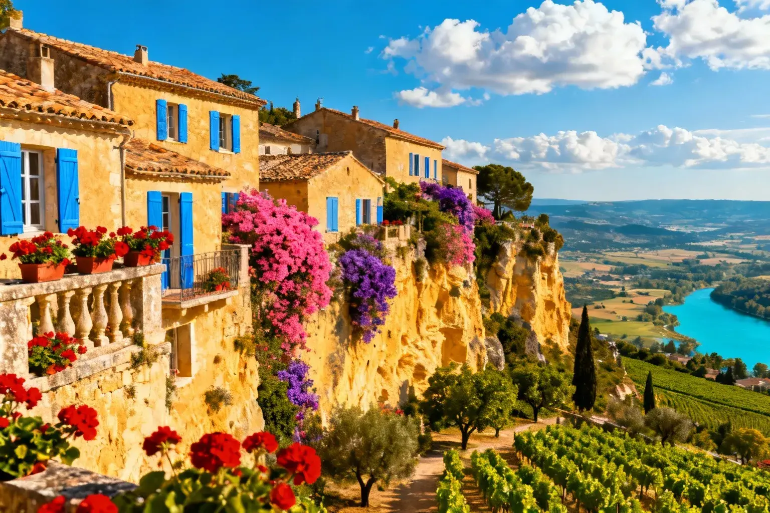 Village de Lauris en Provence avec maisons en pierre dorée, toits en tuiles et vue sur la vallée de la Durance