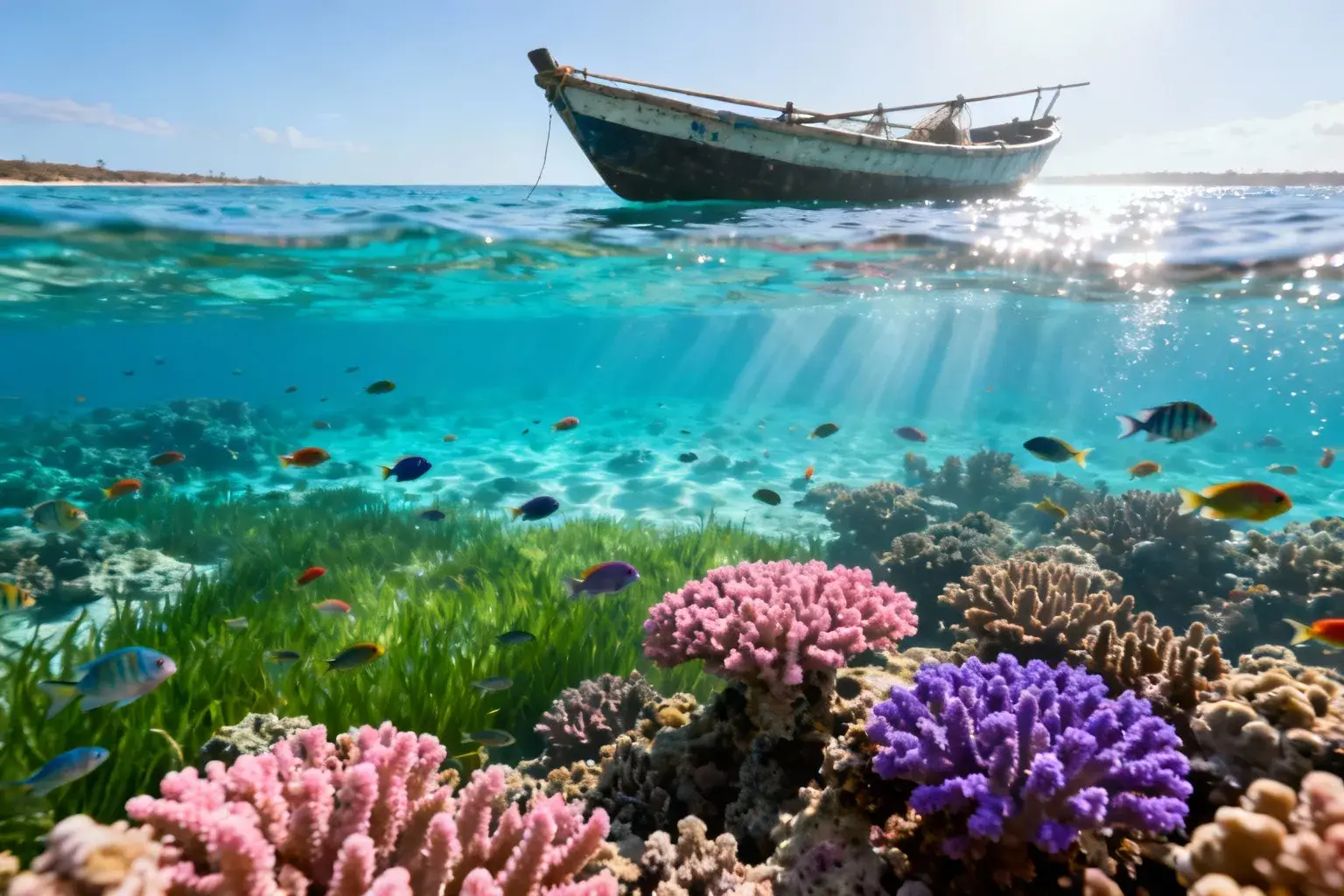 Récif corallien préservé de Madagascar avec eau turquoise, coraux colorés et nombreux poissons tropicaux