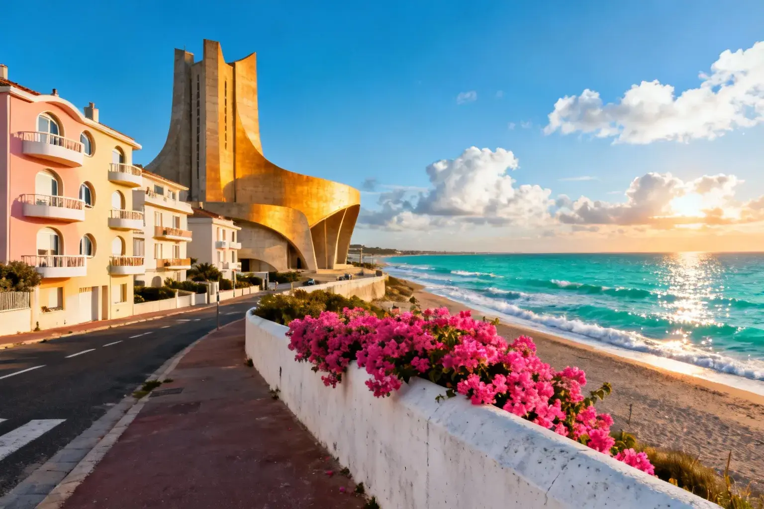 Côte atlantique avec architecture moderniste de Royan, plage immaculée et église Notre-Dame sous lumière dorée