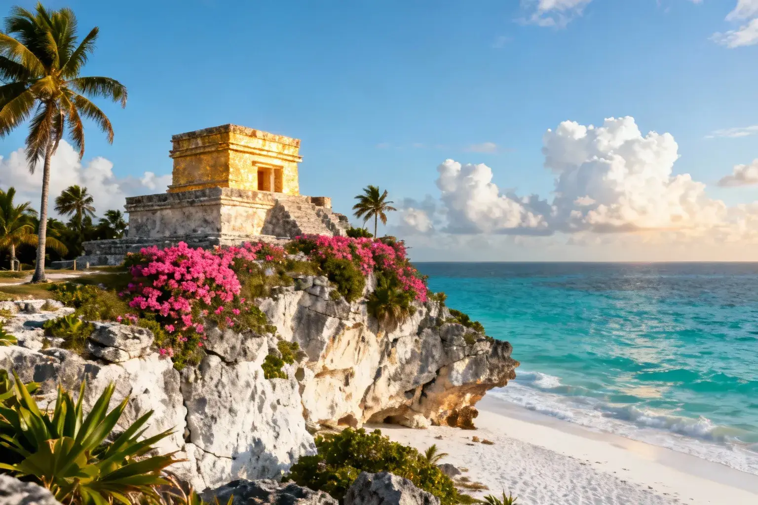 Ruines mayas de Tulum perchées sur des falaises de calcaire avec vue sur la mer turquoise et plage de sable blanc