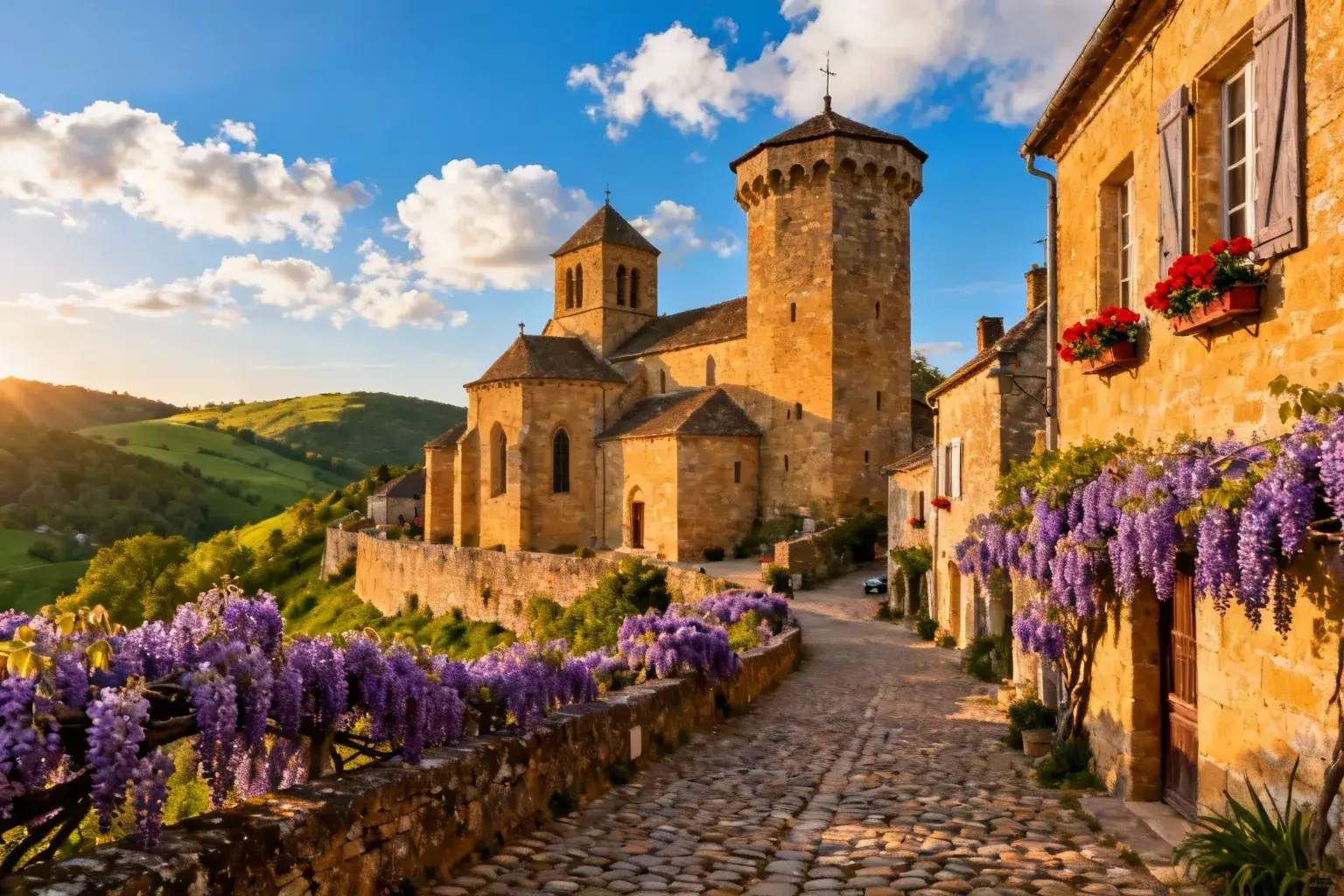 Village médiéval de Saint-Robert avec église fortifiée du 14e siècle, maisons en pierre dorée et géraniums rouges aux fenêtres