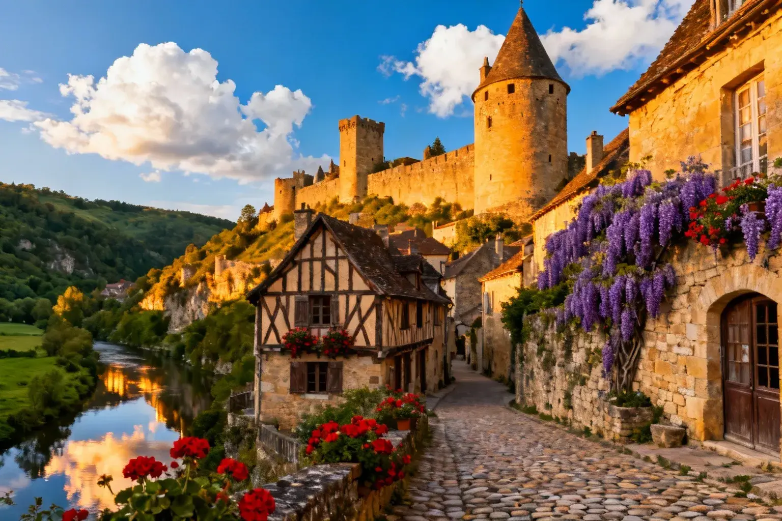 Village médiéval de Ségur-le-Château perché sur une colline avec ses pierres dorées et ses fleurs, dominant la vallée de l'Auvézère