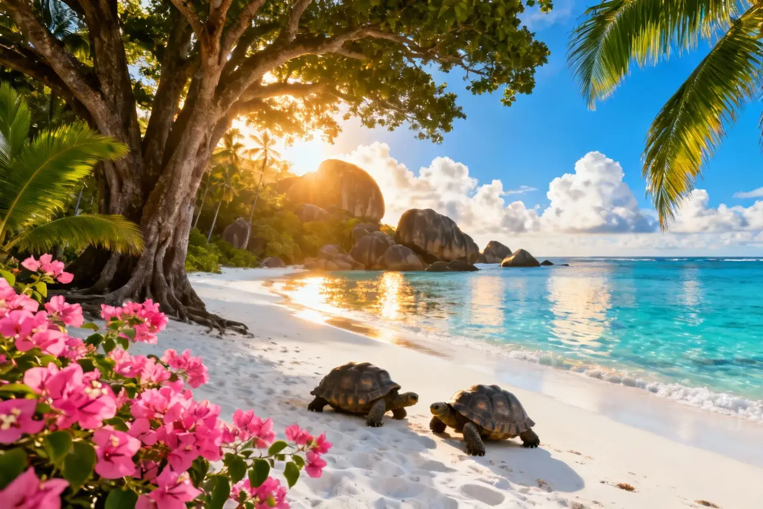 Plage de sable blanc des Seychelles avec eau turquoise, tortues géantes et végétation tropicale luxuriante
