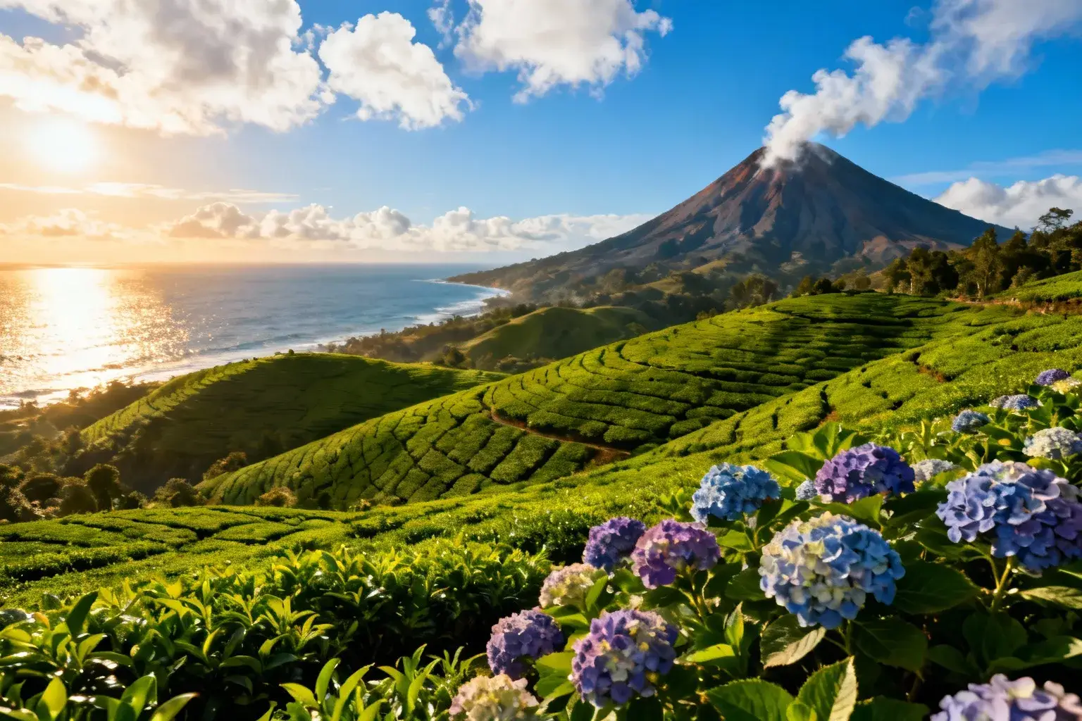 Champs de thé vert émeraude à São Miguel, Açores, avec vue sur l'océan et montagnes volcaniques au loin