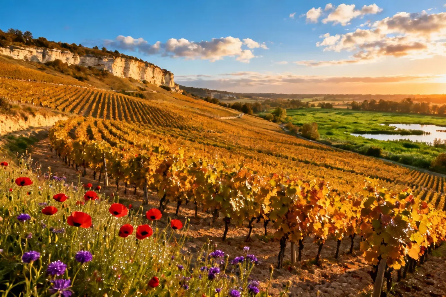 Rangées parfaites de vignes Chardonnay Grand Cru sous lumière dorée avec fleurs sauvages et réserve naturelle en arrière-plan
